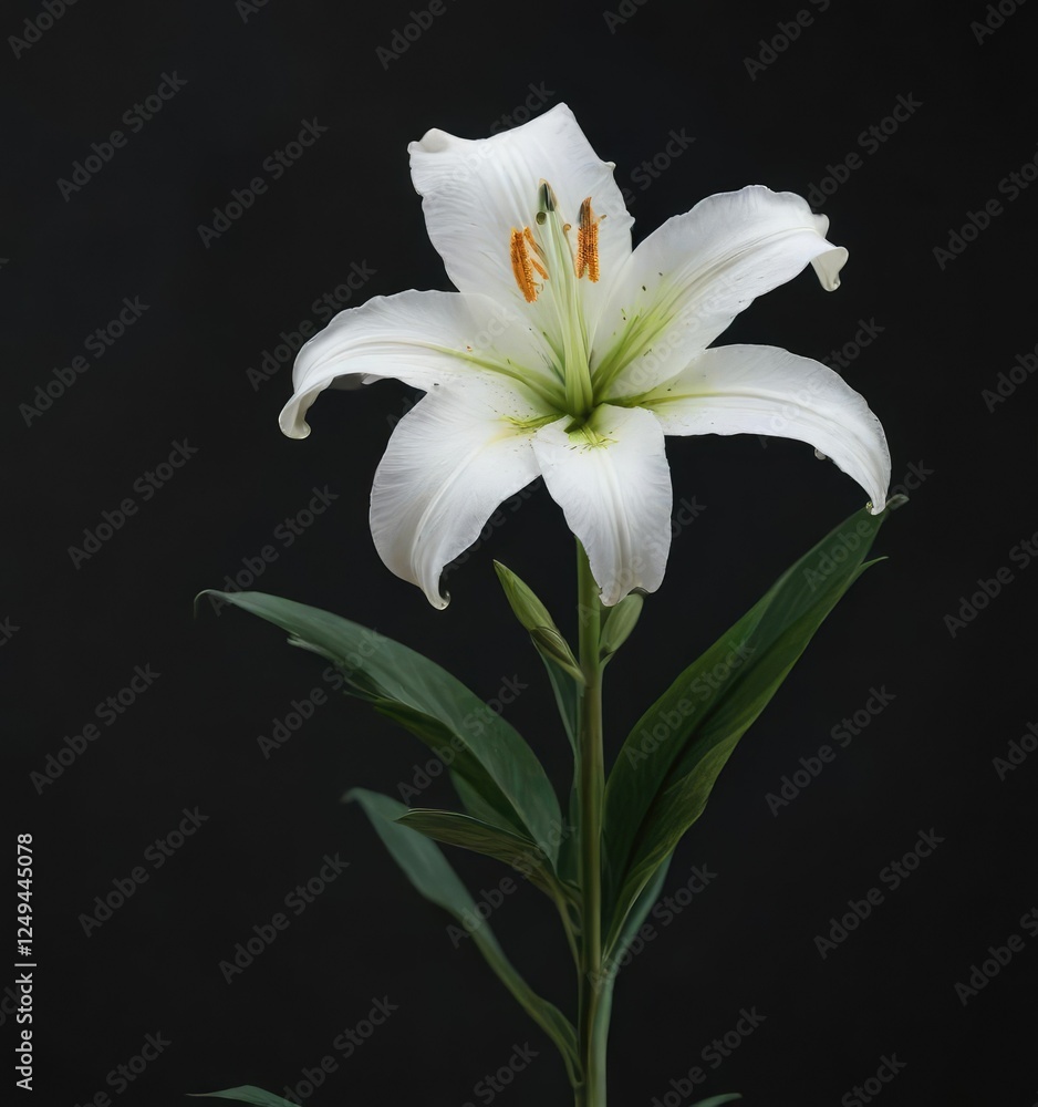 Single white lily flower against black background, single flower, monochrome