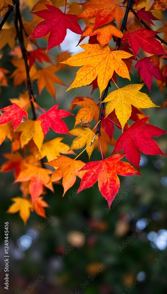 Generative AI captures the vibrant tapestry of autumnal maple leaves against a soft-focused background Generative AI captures the vibrant tapestry of autumnal maple leaves against a soft-focused background