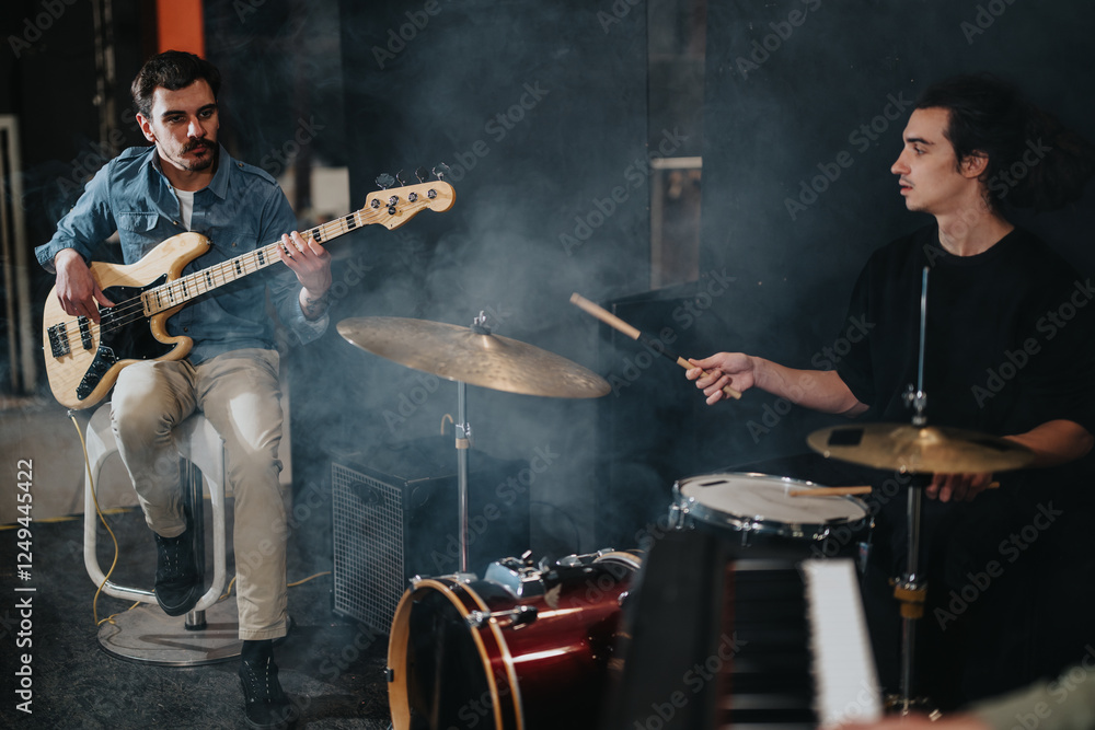 Fototapeta premium A band of musicians practicing and performing together on stage, creating lively music with drums, bass, and keyboards, fostering teamwork and creativity during a rehearsal session.