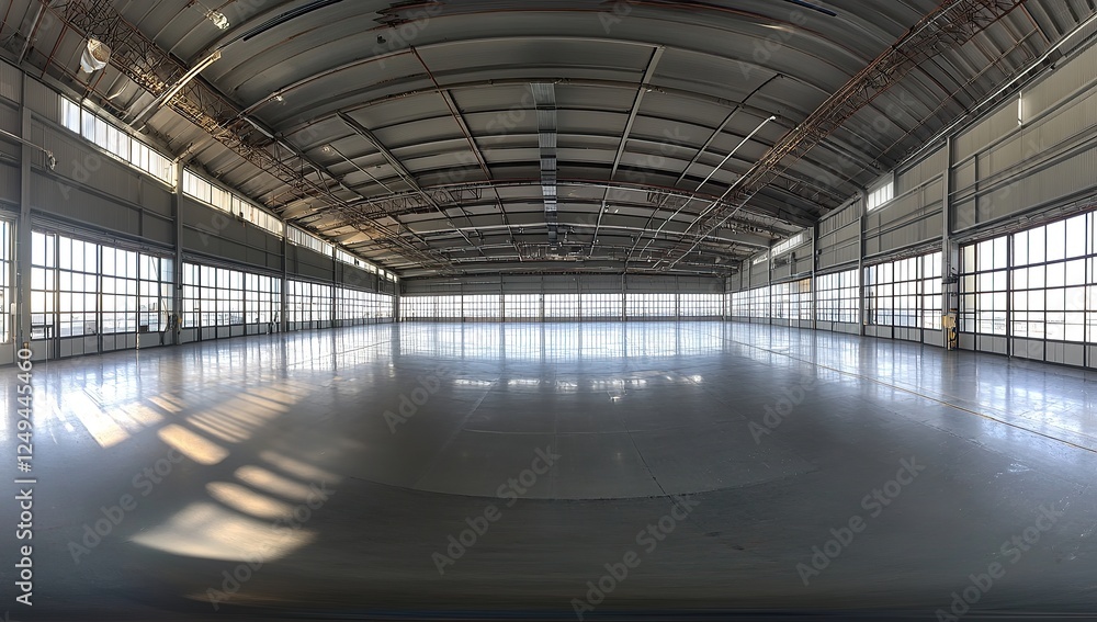 A panoramic view of an empty hangar with LED lighting, emphasizing the spaciousness and clean lines A panoramic view of an empty hangar with LED lighting, emphasizing the spaciousness and clean lines