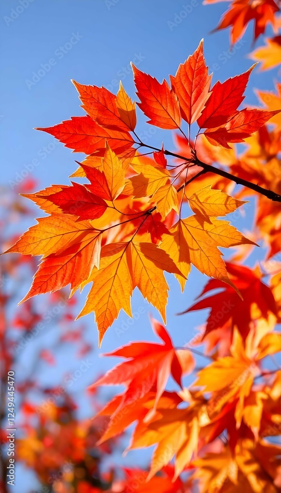 Generative AI capturing the vibrant dance of autumn leaves against a serene azure sky Generative AI capturing the vibrant dance of autumn leaves against a serene azure sky