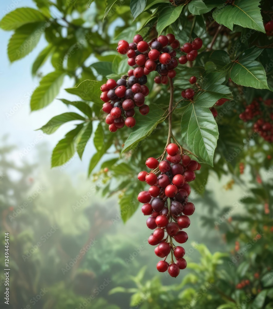 Small coffee berries hanging from branches of a coffee plant bush , coffee cherries, coffee fruit Small coffee berries hanging from branches of a coffee plant bush , coffee cherries, coffee fruit