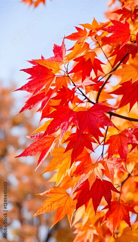 Generative AI image portraying vibrant red and orange maple leaves in autumn sunlight Generative AI image portraying vibrant red and orange maple leaves in autumn sunlight