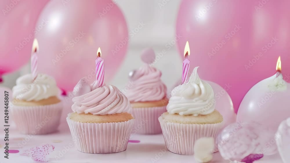 Celebration with pink cupcakes and balloons at a festive event Celebration with pink cupcakes and balloons at a festive event