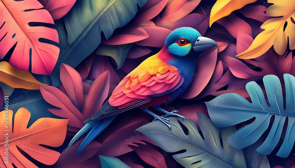 Obraz premium Tropical birds in dynamic positions surrounded by colorful foliage in vibrant shades