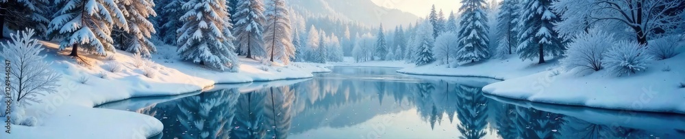 Snowflakes dance around a frozen pond with an icy forest backdrop, still, ice Snowflakes dance around a frozen pond with an icy forest backdrop, still, ice