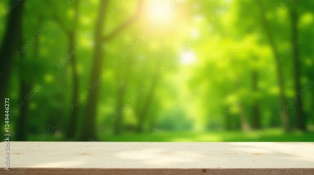 Peaceful Forest Scene with Empty Wooden Tabletop Ideal for Product Placement and Nature-Themed Designs Peaceful Forest Scene with Empty Wooden Tabletop Ideal for Product Placement and Nature-Themed Designs