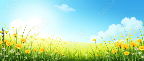 Vibrant Dandelion Fields Under a Clear Blue Sky: A Serene Landscape of Nature's Beauty and Tranquility