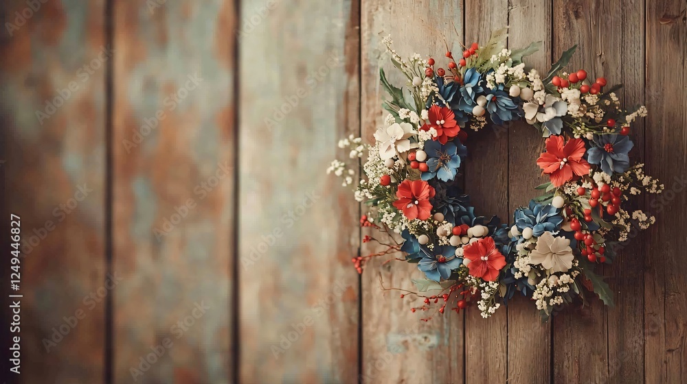 Festive Decoration Closeup Red and White Wreath on Rustic Wood Wall Nature Inspired Vibrant Detail Festive Decoration Closeup Red and White Wreath on Rustic Wood Wall Nature Inspired Vibrant Detail