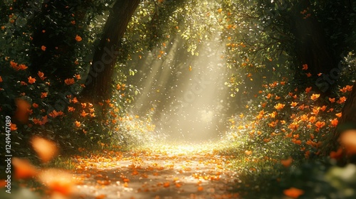 Sunlit forest path, orange flowers, magical ambiance, fairytale scene photo