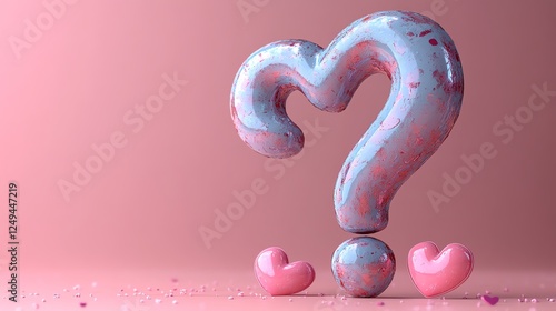 A whimsical question mark stands prominently against a soft pink background, flanked by charming heart shapes, evoking feelings of curiosity and affection, ideal for creative proje photo