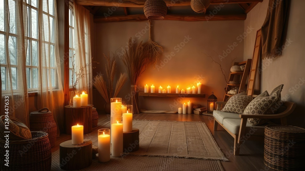 Softly glowing candlelit room with natural wood accents and woven textiles, candlelight, natural wood, woven textiles Softly glowing candlelit room with natural wood accents and woven textiles, candlelight, natural wood, woven textiles