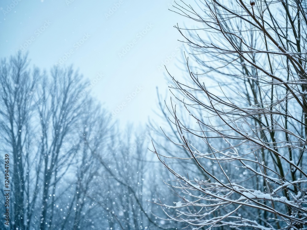 Softly falling snow with delicate flakes and bare trees, bare trees, calming scene, natural beauty Softly falling snow with delicate flakes and bare trees, bare trees, calming scene, natural beauty
