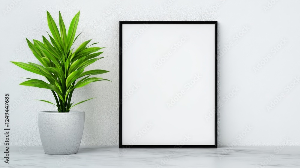Simple Minimalist Picture Frame Mockup - Clean, modern design. Empty frame, plant, simple background. Represents minimalism, serenity, home decor, blank space, and potential. Simple Minimalist Picture Frame Mockup - Clean, modern design. Empty frame, plant, simple background. Represents minimalism, serenity, home decor, blank space, and potential.