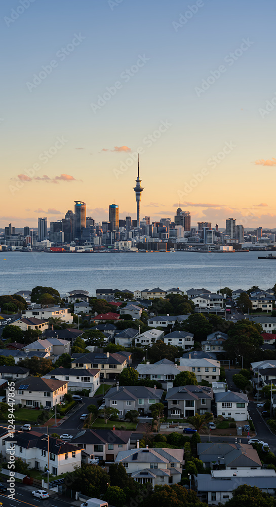 Obraz premium Auckland Sunset: Cityscape View of Skyline, Harbor, & Homes in Stunning Light | New Zealand Travel Photography