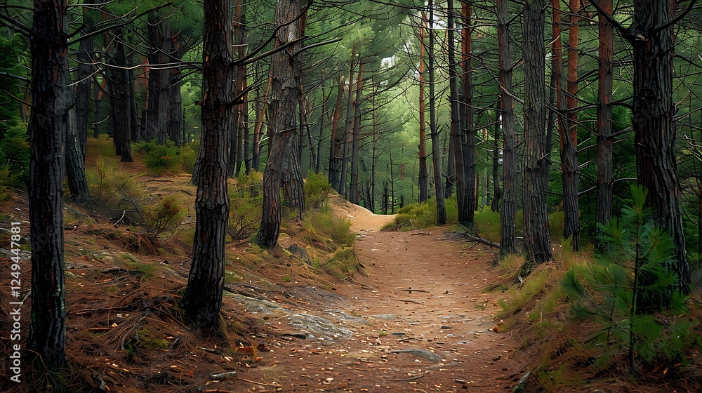 Obraz premium A forest path winding through a thick grove of pine trees, the ground covered in a soft layer of pine needles.