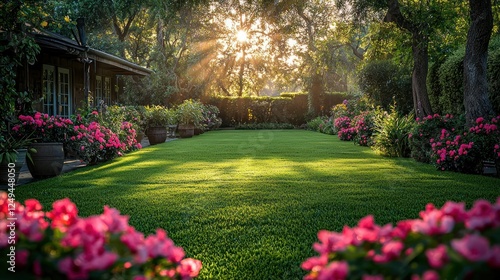 Fototapeta Naklejka Na Ścianę i Meble -  Sunlit garden lawn, blooming azaleas, tranquil morning scene
