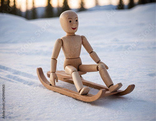 wooden doll on sled