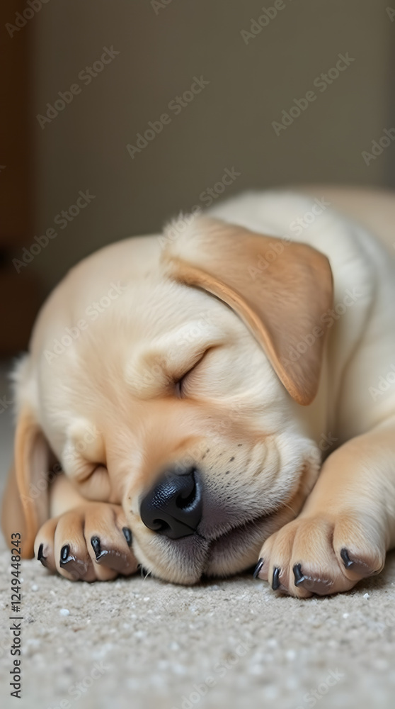 Fototapeta premium Dreamy Slumber: Cute Labrador Retriever Puppy Nestled Comfortably on a Plush Rug, Ideal for Pet Enthusiasts and Cozy Home Vibes