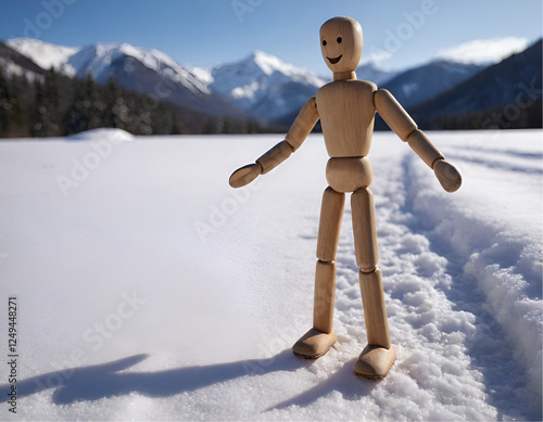 wooden mannequin on snow smiling