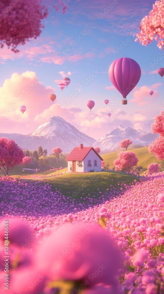 Fototapeta premium In a picturesque setting, hot air balloons rise into a purple-blue sky above lush green hills adorned with pink blossoms and a quaint cottage. The enchanting atmosphere invites serenity