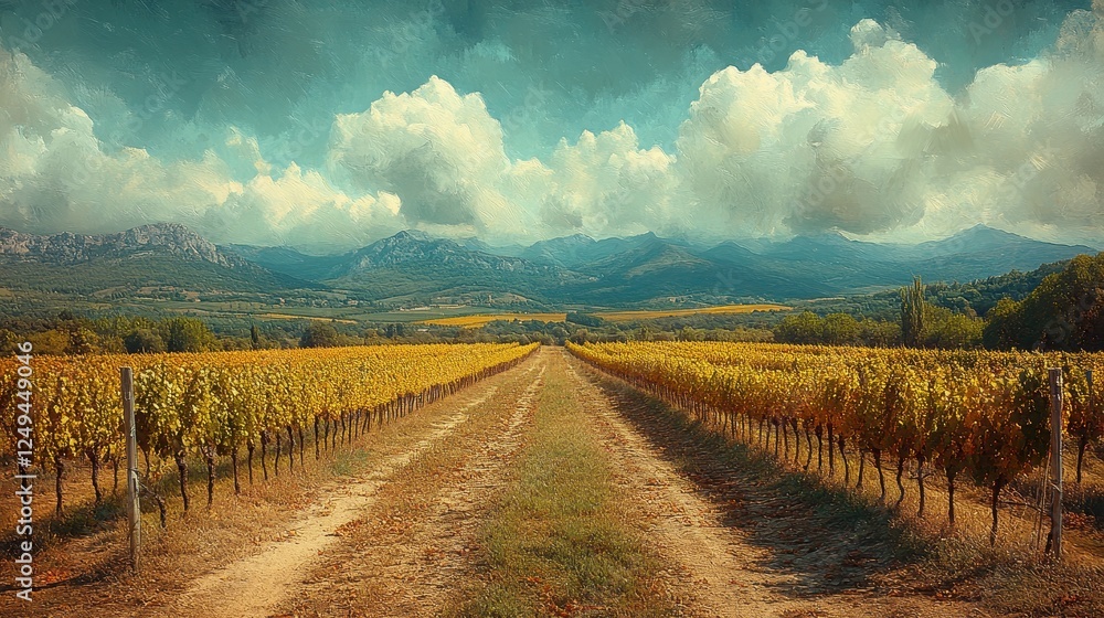 Fototapeta premium Serene vineyard landscape stretching towards distant mountains under a cloudy sky.