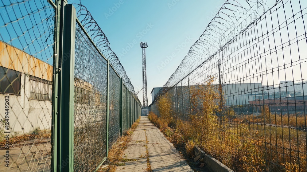 High-security fence with electric wiring, protecting an industrial facility. High-security fence with electric wiring, protecting an industrial facility.