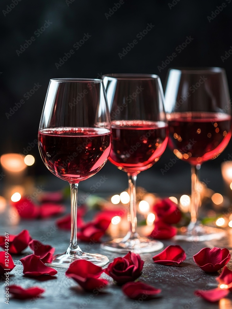 Wine Glasses on a Table with Rose Petals - Romantic setting with wine glasses, rose petals, soft lighting, intimate atmosphere, perfect for celebrations. Wine Glasses on a Table with Rose Petals - Romantic setting with wine glasses, rose petals, soft lighting, intimate atmosphere, perfect for celebrations.