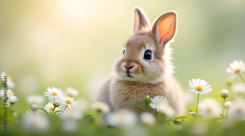 Whimsical Peace: An Adorable Fluffy Bunny with Enchanting Eyes Nestles Amidst a Serene Meadow of White Blossoms Whimsical Peace: An Adorable Fluffy Bunny with Enchanting Eyes Nestles Amidst a Serene Meadow of White Blossoms