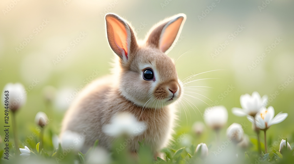 Whimsical Peace: An Adorable Fluffy Bunny with Enchanting Eyes Nestles Amidst a Serene Meadow of White Blossoms Whimsical Peace: An Adorable Fluffy Bunny with Enchanting Eyes Nestles Amidst a Serene Meadow of White Blossoms