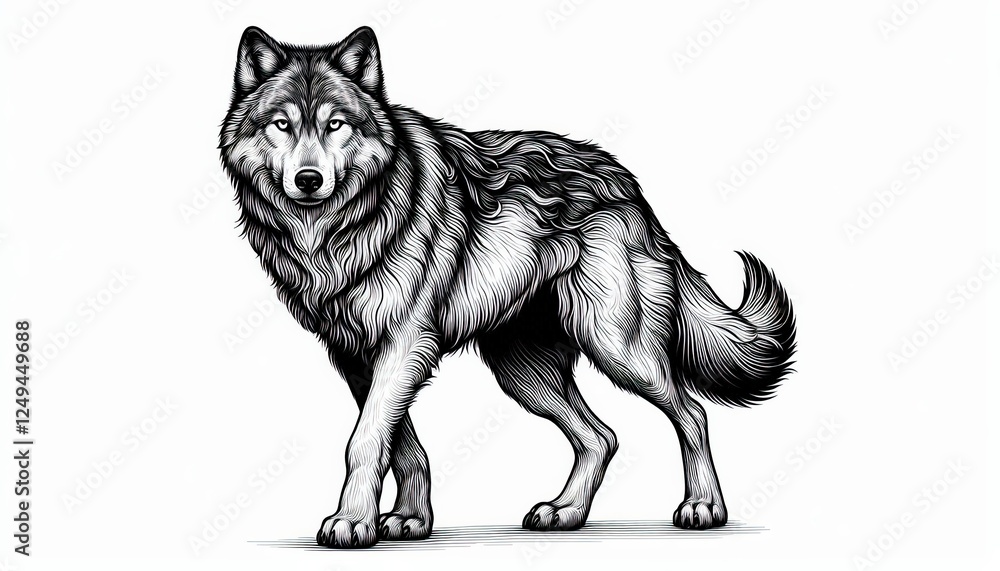 Fototapeta premium Detailed monochrome line art illustration of a majestic standing wolf