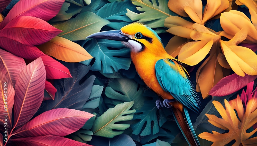 Obraz premium Tropical birds in dynamic positions surrounded by colorful foliage in vibrant shades