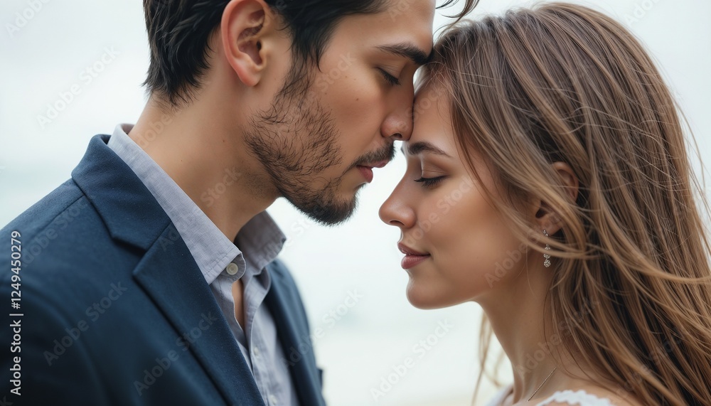 A couple in love tenderly touch their faces to each other, on a light background A couple in love tenderly touch their faces to each other, on a light background