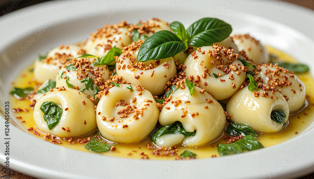 A plate of handmade tortellini tossed in basil pesto sauce, topped with toasted pine nuts and Parmesan shavings. A plate of handmade tortellini tossed in basil pesto sauce, topped with toasted pine nuts and Parmesan shavings.