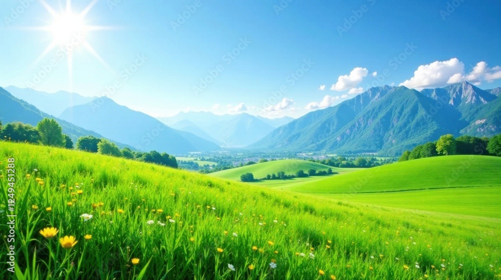 Obraz premium Serene Meadow Landscape with Rolling Hills and Majestic Mountain Range Under a Bright Sunny Sky