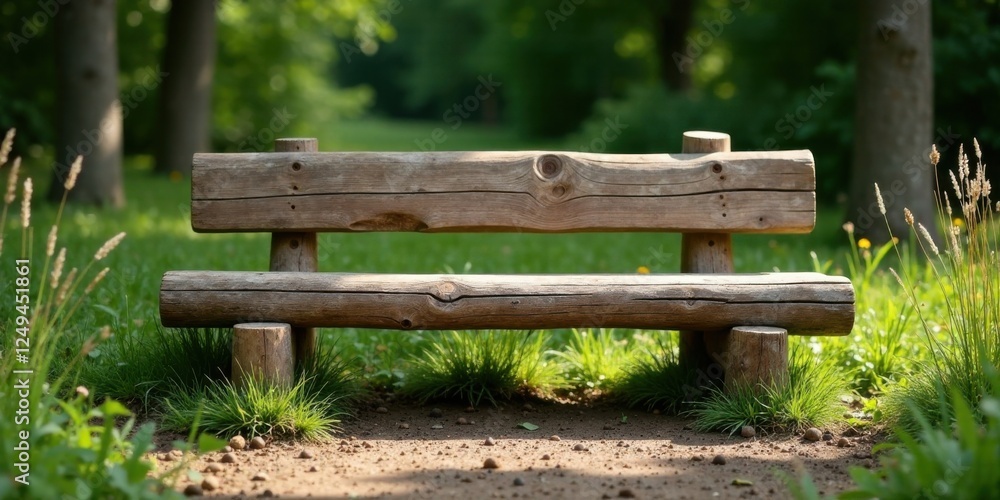 Rustic Wooden Bench in a Verdant Meadow Setting, Peaceful and Serene Nature Scene