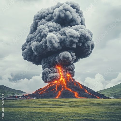 A dramatic volcanic eruption showcasing lava and ash clouds, highlighting the power of nature in a breathtaking landscape. photo