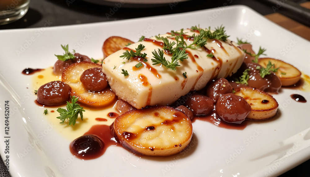 A dish of perfectly seared scallops paired with caramelized pears, finished with balsamic reduction and fresh thyme. A dish of perfectly seared scallops paired with caramelized pears, finished with balsamic reduction and fresh thyme.