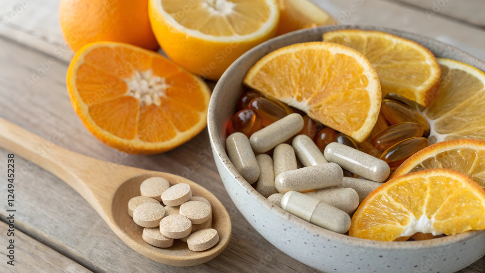Fototapeta premium Close-Up of Amber Glass Bottle with Yellow Homeopathic Pills on Marble Surface