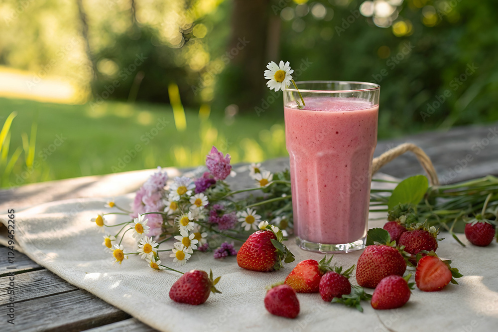 A refreshing berry smoothie in a glass, surrounded by fresh strawberries and wildflowers on a rustic table, set against a vibrant green background.