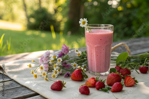 Obraz na płótnie A refreshing berry smoothie in a glass, surrounded by fresh strawberries and wildflowers on a rustic table, set against a vibrant green background. w salonie