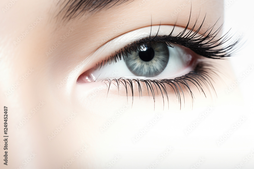 Striking Beauty: Close-Up of an Eye with Long Eyelashes on White Background Striking Beauty: Close-Up of an Eye with Long Eyelashes on White Background