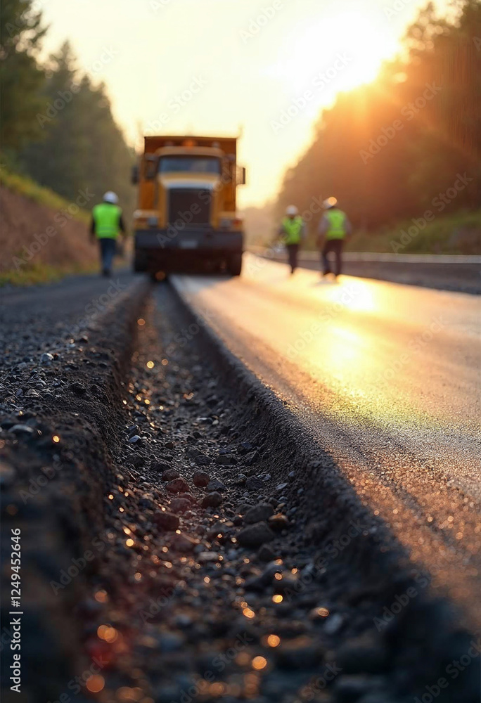 Highway construction site with fresh asphalt, workers, and paving machinery in warm sunlight. Highway construction site with fresh asphalt, workers, and paving machinery in warm sunlight.