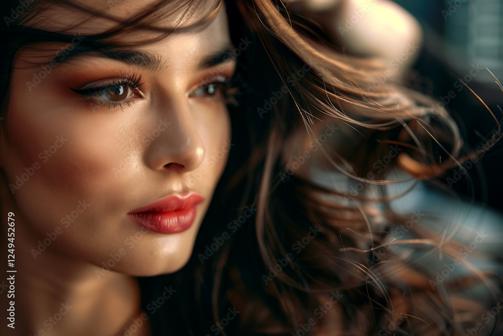 Fototapeta premium Smiling woman showing her new blonde hair in a hair salon, generative ai