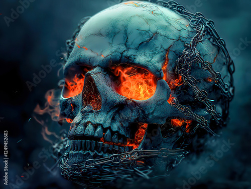 Skull emerges in abstract surrealism creepy with fire and swirling smoke. Glowing Skull Surrounded by Chains and Smoky Shadows