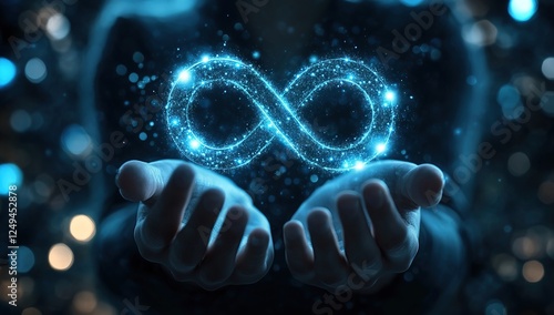 A pair of hands holding two glowing infinity symbols, with an abstract background that conveys