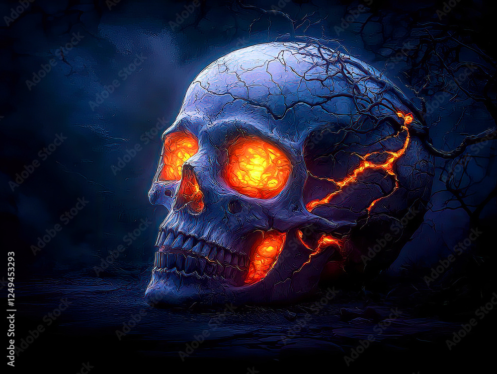 Skull emerges in abstract surrealism creepy with fire and swirling smoke. Glowing Skull with Fiery Eyes in Dark Spooky Environment Skull emerges in abstract surrealism creepy with fire and swirling smoke. Glowing Skull with Fiery Eyes in Dark Spooky Environment