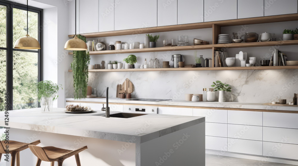A modern Scandinavian-style kitchen with matte white cabinets, light gray marble countertops and backsplash, and wooden accents. The island features a built-in sink with a sleek chrome faucet. A modern Scandinavian-style kitchen with matte white cabinets, light gray marble countertops and backsplash, and wooden accents. The island features a built-in sink with a sleek chrome faucet.