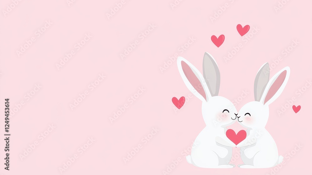 Valentines Day Background with Two Cartoon Bunnies Cuddling - Cute cartoon bunnies symbolize love, affection, partnership, joy Valentines Day Background with Two Cartoon Bunnies Cuddling - Cute cartoon bunnies symbolize love, affection, partnership, joy