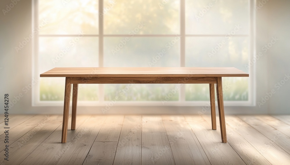 Fototapeta premium A modern wooden table positioned in a bright room with large windows. Natural light illuminates the space, creating a warm and inviting atmosphere suitable for gatherings or work.